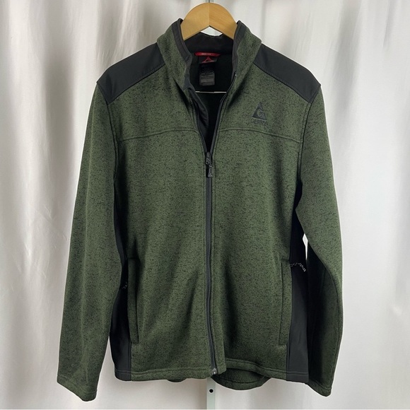 GERRY Mens Large Heavy Knit Fleece Zip Jacket Olive Green Outdoor Hiking Camping - Picture 1 of 7